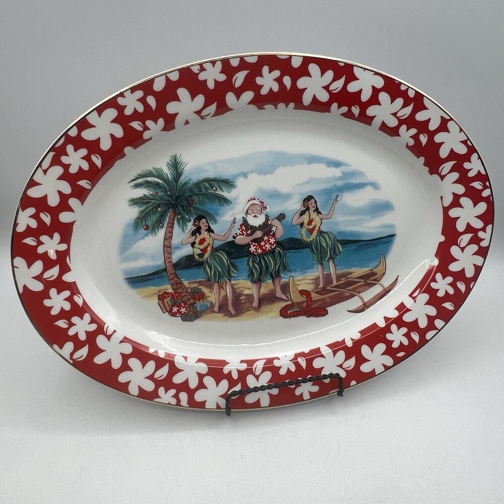 Hawaiian Island Heritage Christmas Oval Serving Platter 14" Red Santa Luau Hula